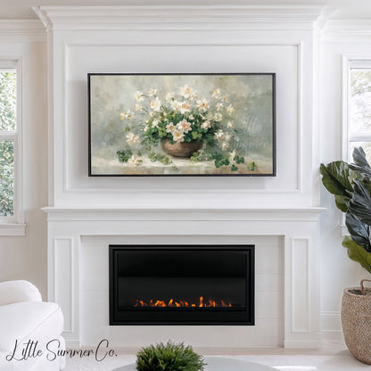 Shamrocks And White Flowers Frame TV Art displayed on a TV