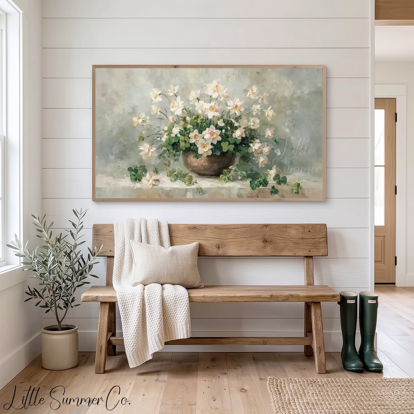 Shamrocks And White Flowers Frame TV Art displayed on a TV
