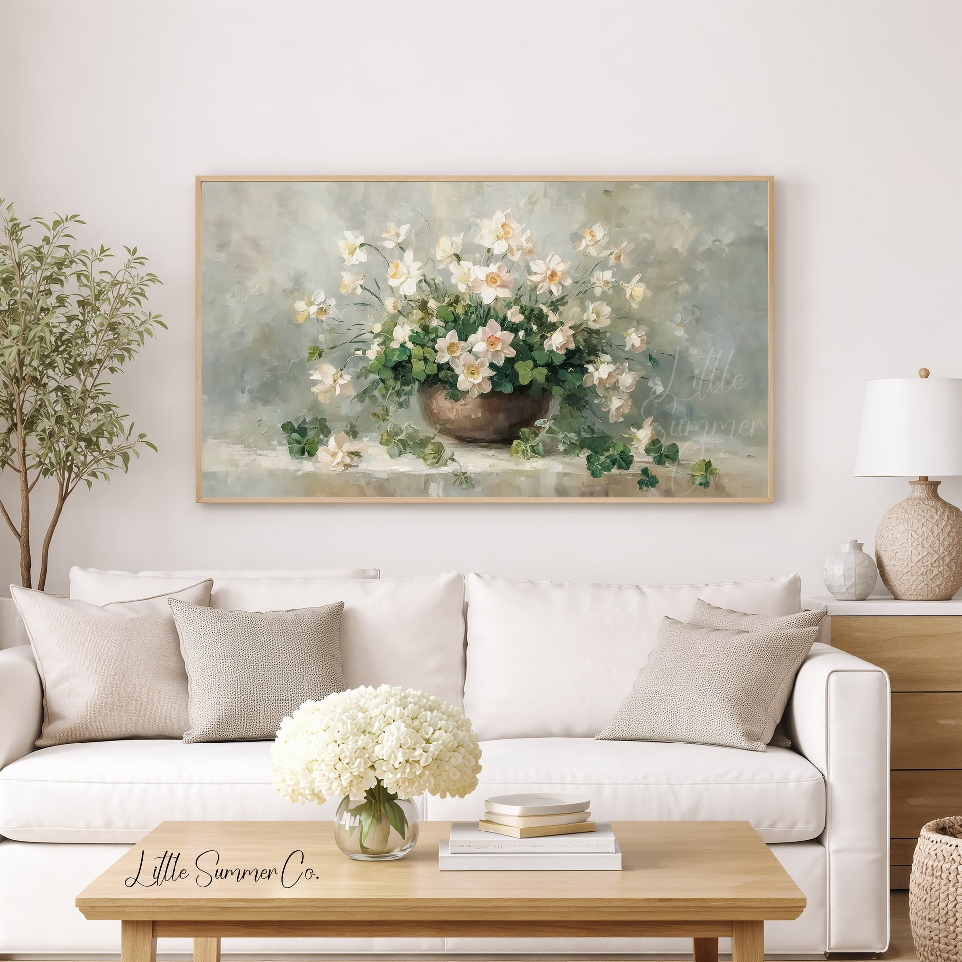 Shamrocks And White Flowers Frame TV Art displayed on a TV