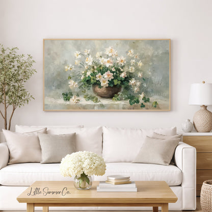 Shamrocks And White Flowers Frame TV Art displayed on a TV