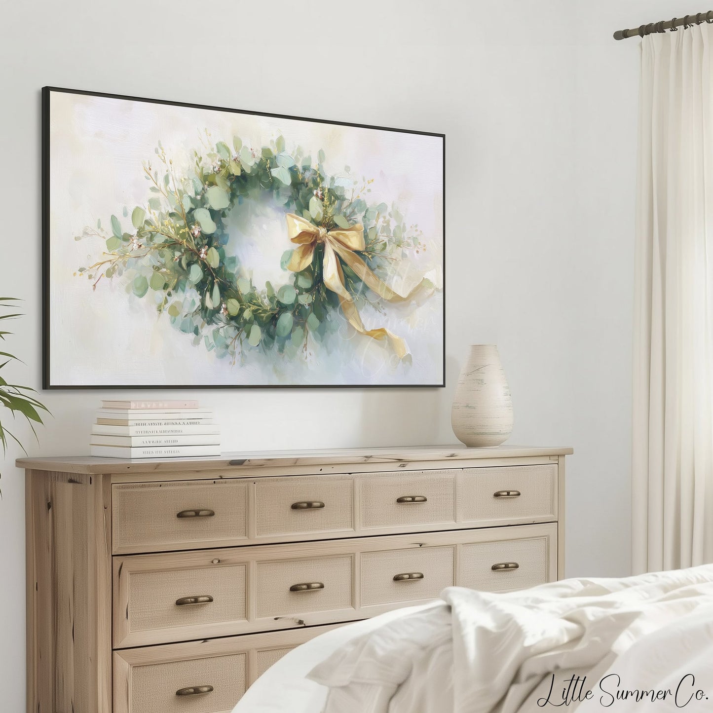 Eucalyptus Wreath Frame TV Art displayed on a TV