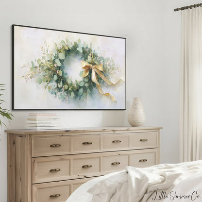 Eucalyptus Wreath Frame TV Art displayed on a TV