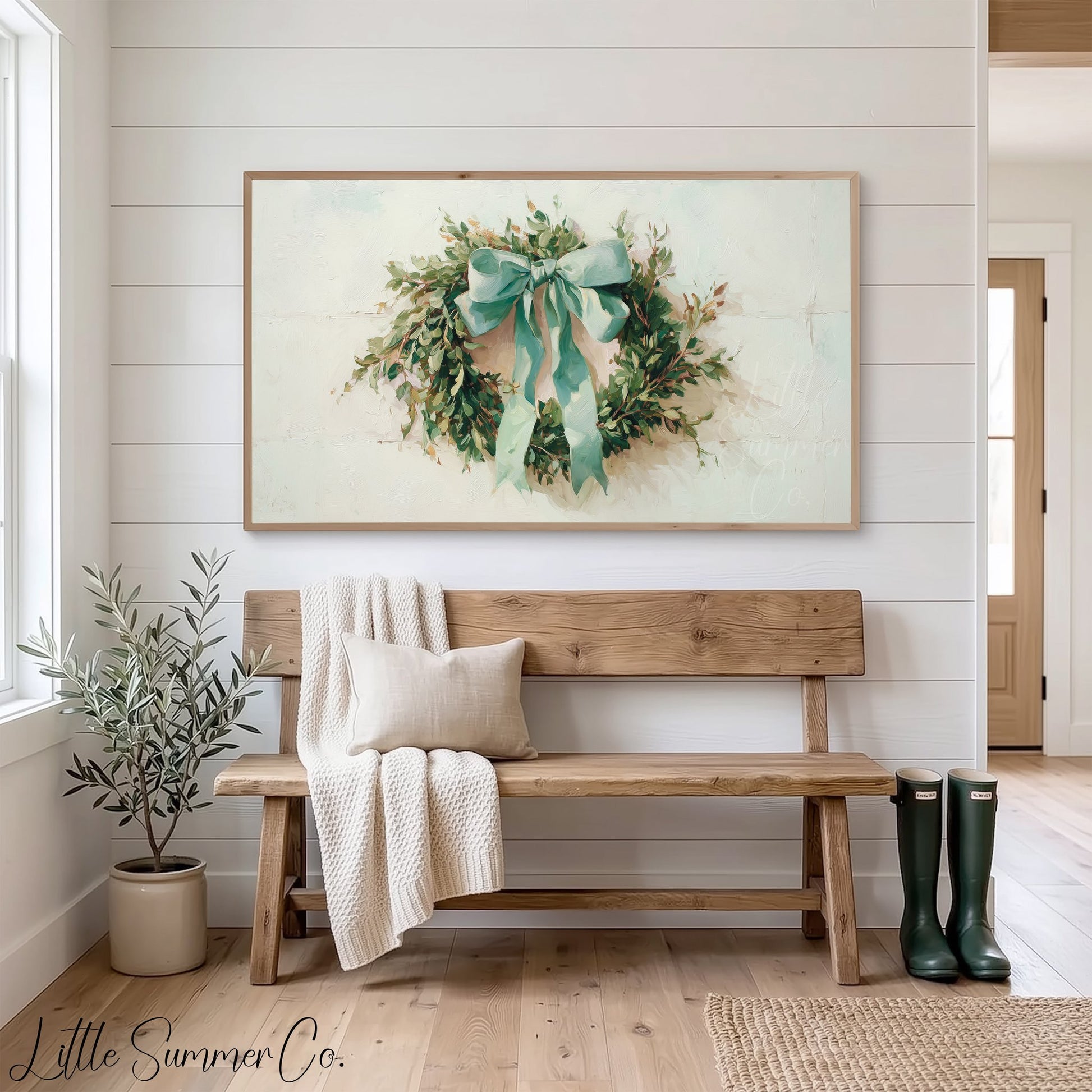 Greenery Wreath Frame TV Art displayed on a TV