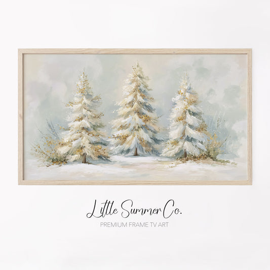 Frosted Pine Tree Trio Frame TV Art displayed on a TV