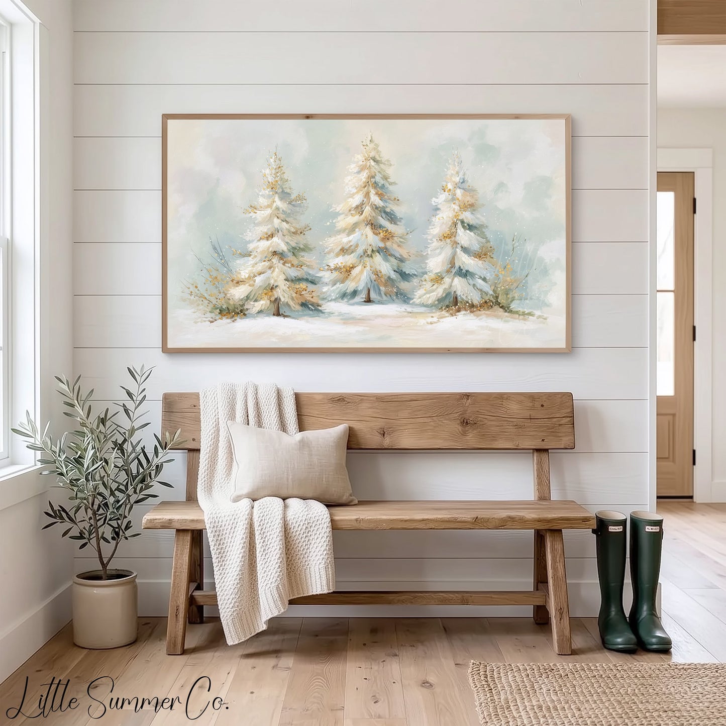 Frosted Pine Tree Trio Frame TV Art displayed on a TV