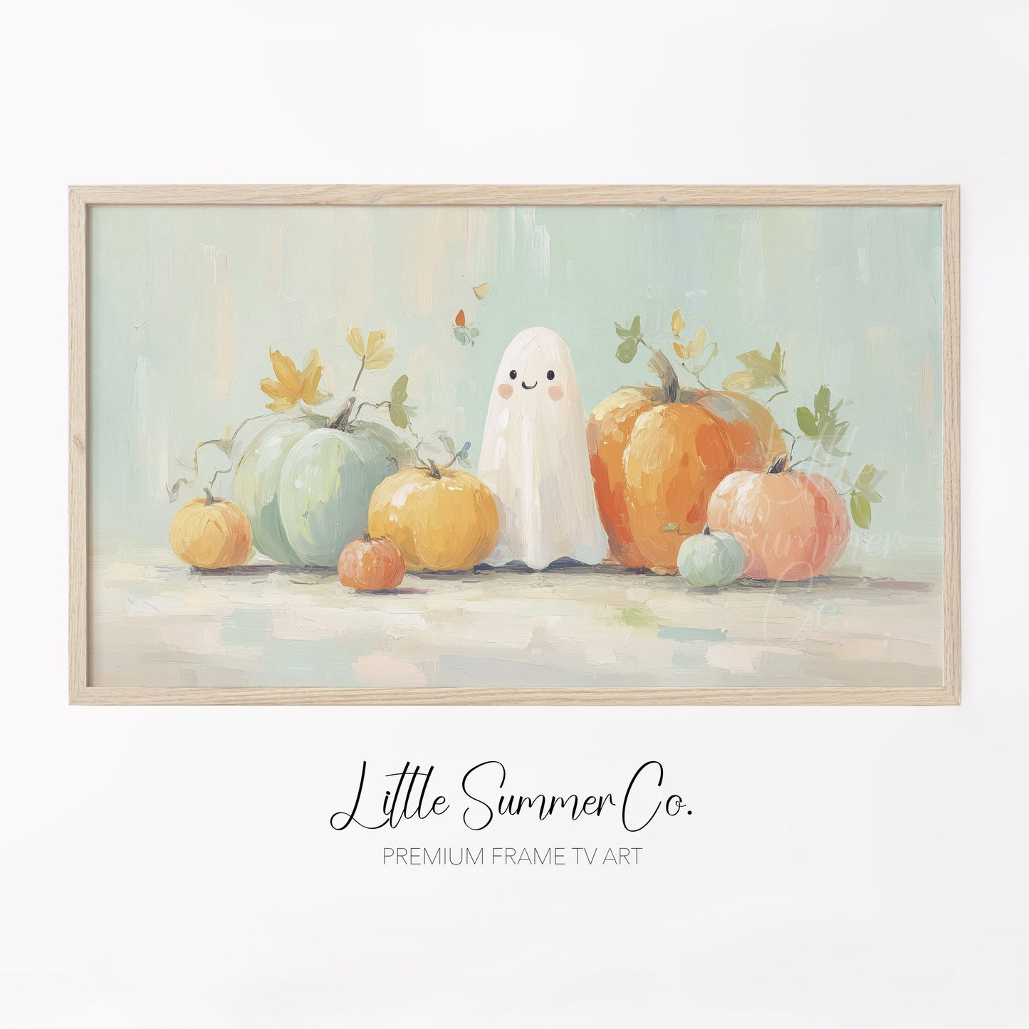 Ghost and Pastel Pumpkins Frame TV Art displayed on a TV