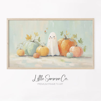 Ghost and Pastel Pumpkins Frame TV Art displayed on a TV