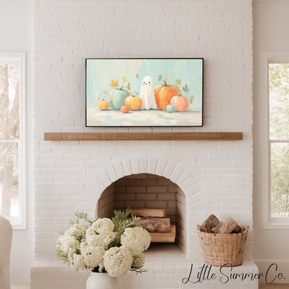 Ghost and Pastel Pumpkins Frame TV Art displayed on a TV
