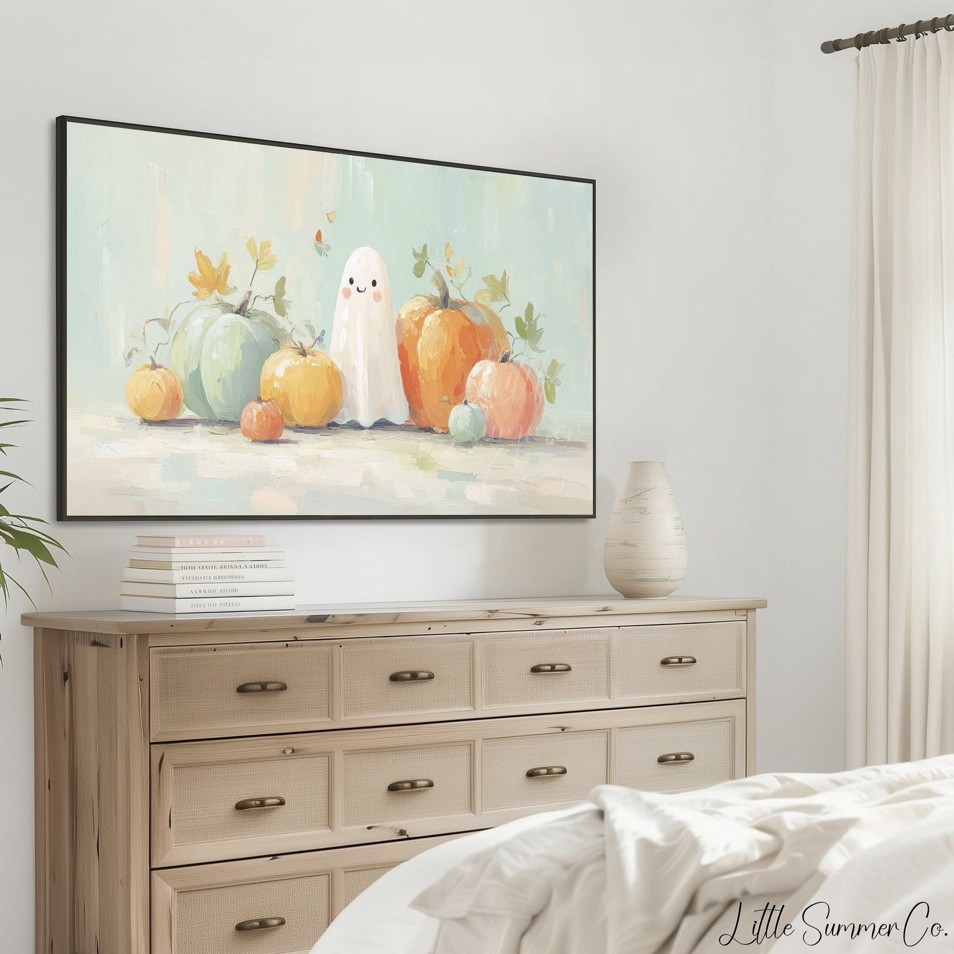 Ghost and Pastel Pumpkins Frame TV Art displayed on a TV
