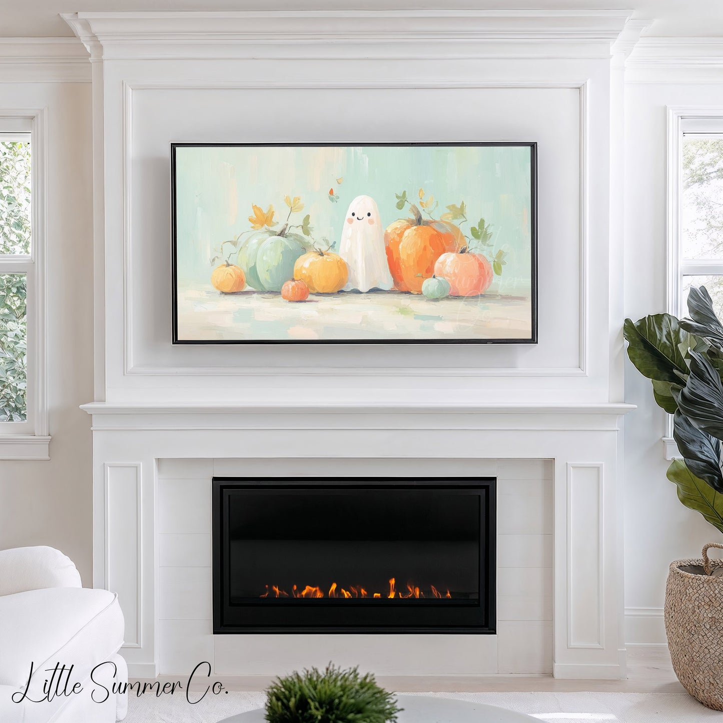 Ghost and Pastel Pumpkins Frame TV Art displayed on a TV