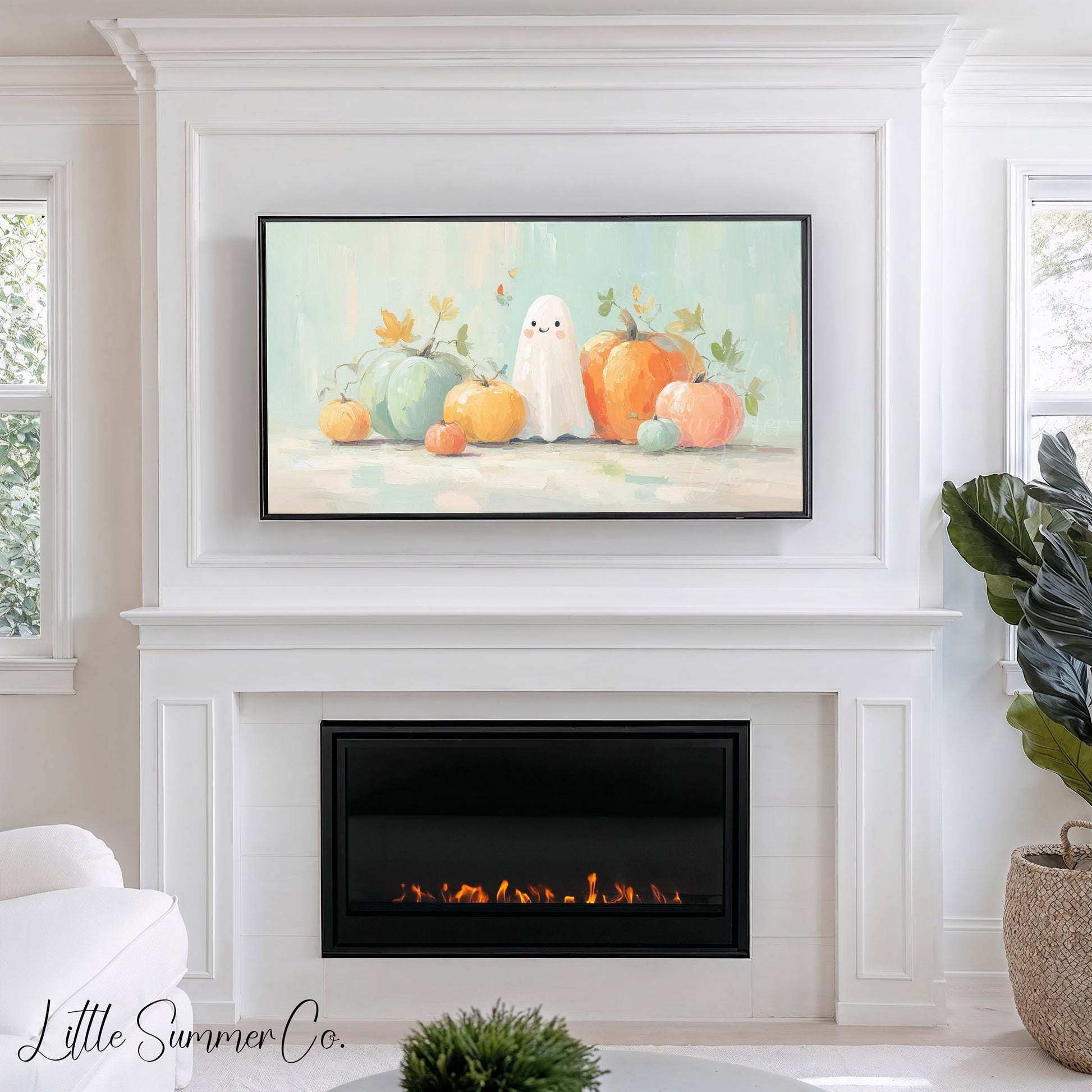 Ghost and Pastel Pumpkins Frame TV Art displayed on a TV