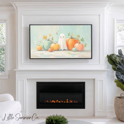Ghost and Pastel Pumpkins Frame TV Art displayed on a TV