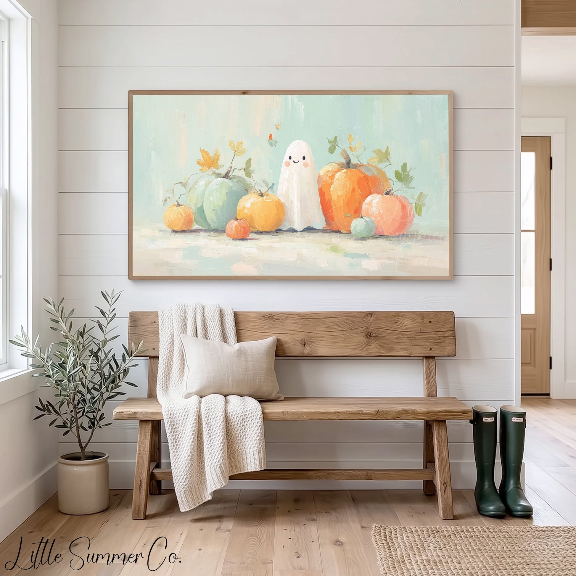 Ghost and Pastel Pumpkins Frame TV Art displayed on a TV