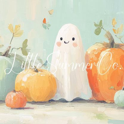 Ghost and Pastel Pumpkins Frame TV Art displayed on a TV