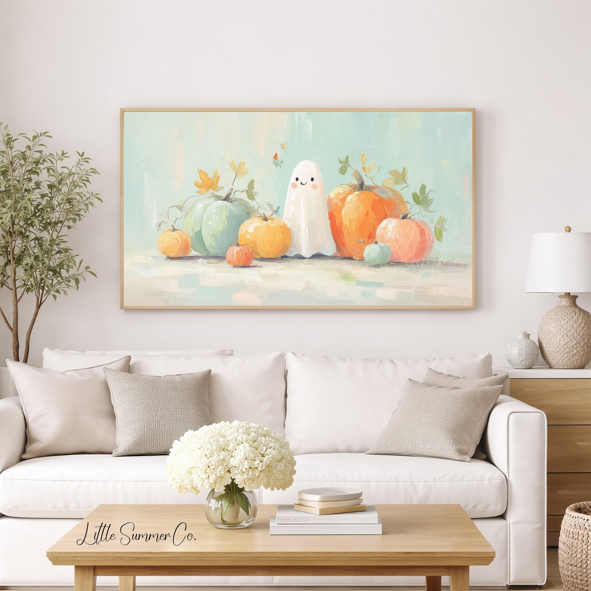Ghost and Pastel Pumpkins Frame TV Art displayed on a TV