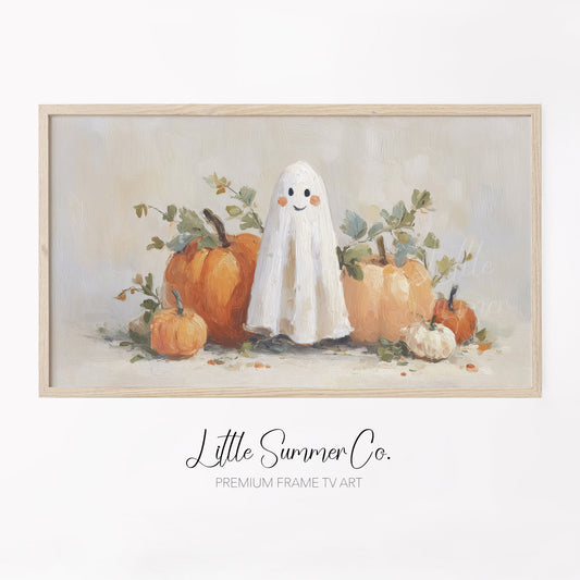 Ghost and Orange Pumpkins Frame TV Art displayed on a TV
