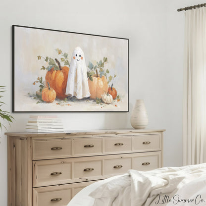 Ghost and Orange Pumpkins Frame TV Art displayed on a TV