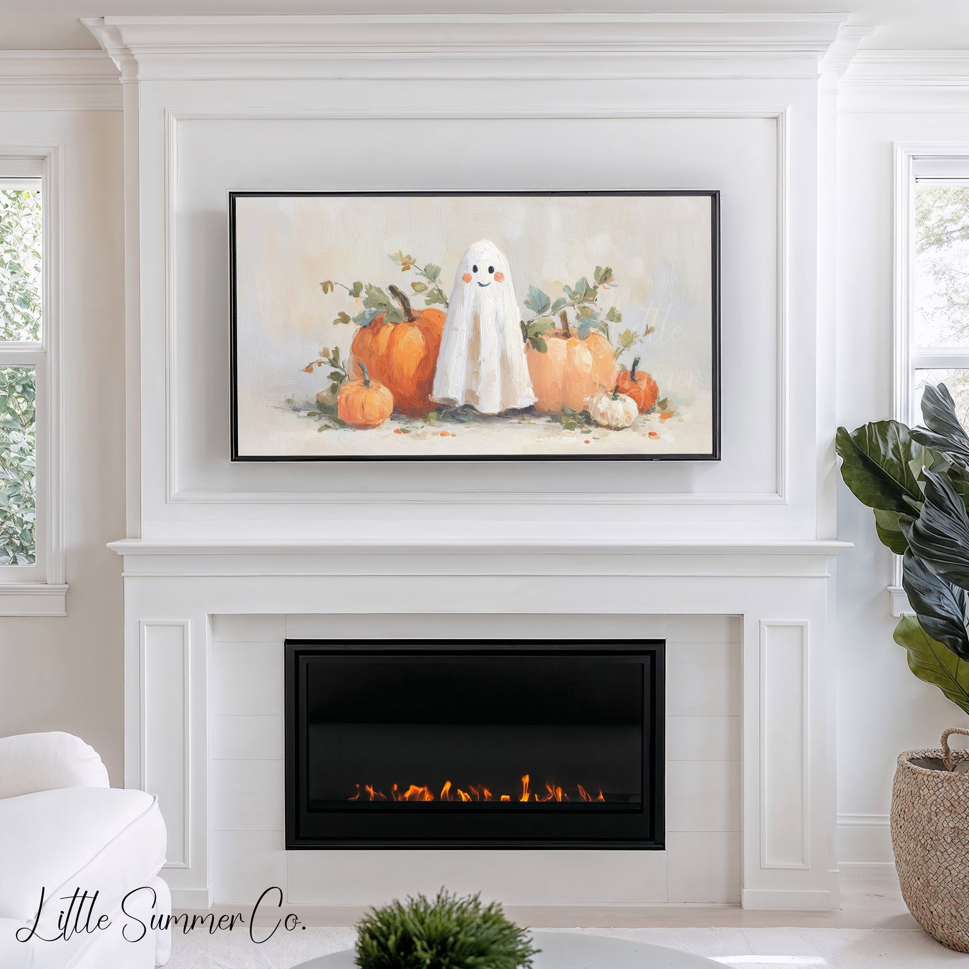 Ghost and Orange Pumpkins Frame TV Art displayed on a TV