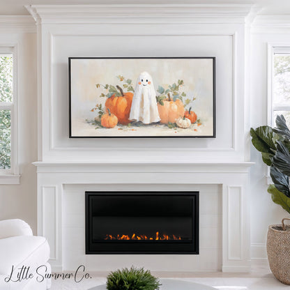 Ghost and Orange Pumpkins Frame TV Art displayed on a TV
