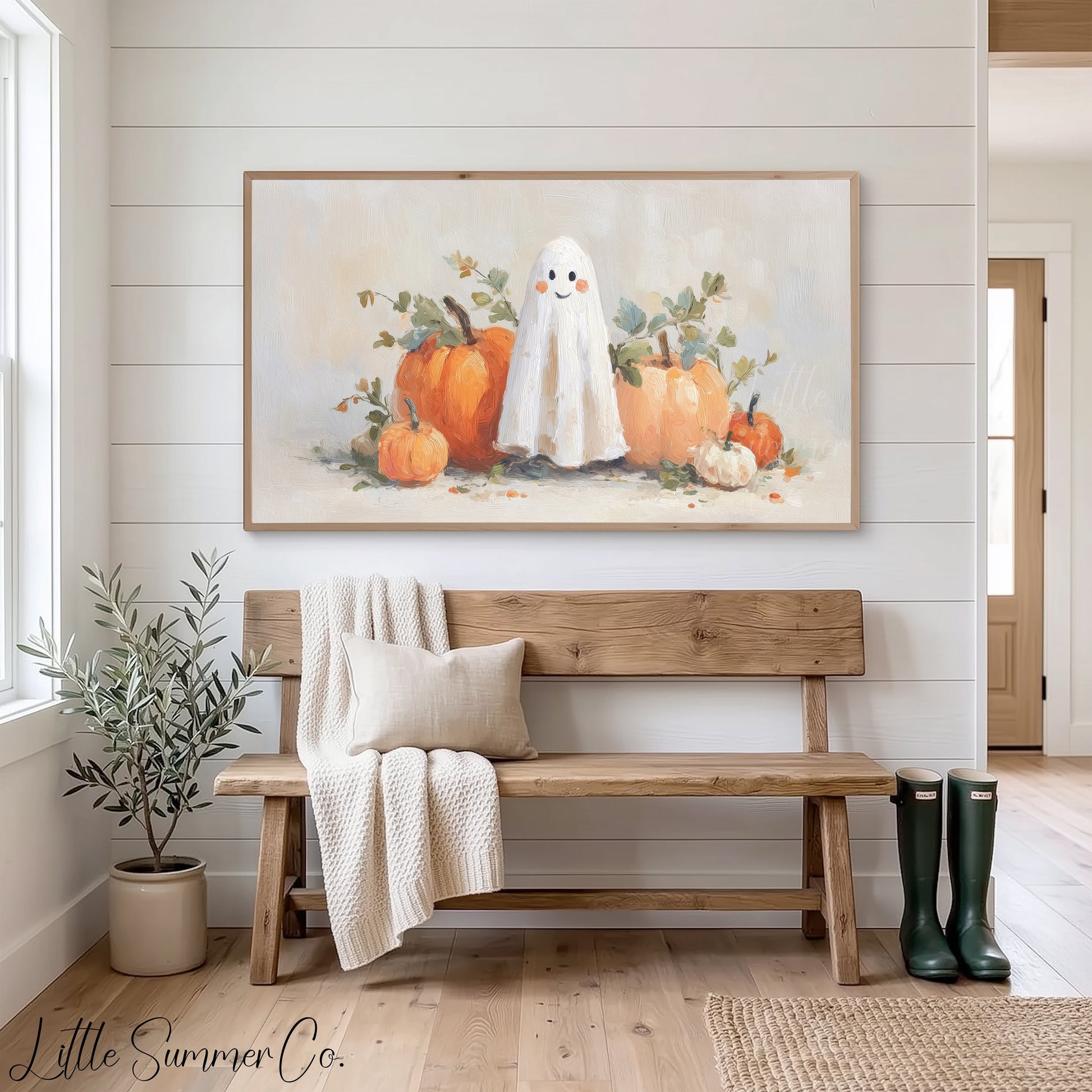 Ghost and Orange Pumpkins Frame TV Art displayed on a TV