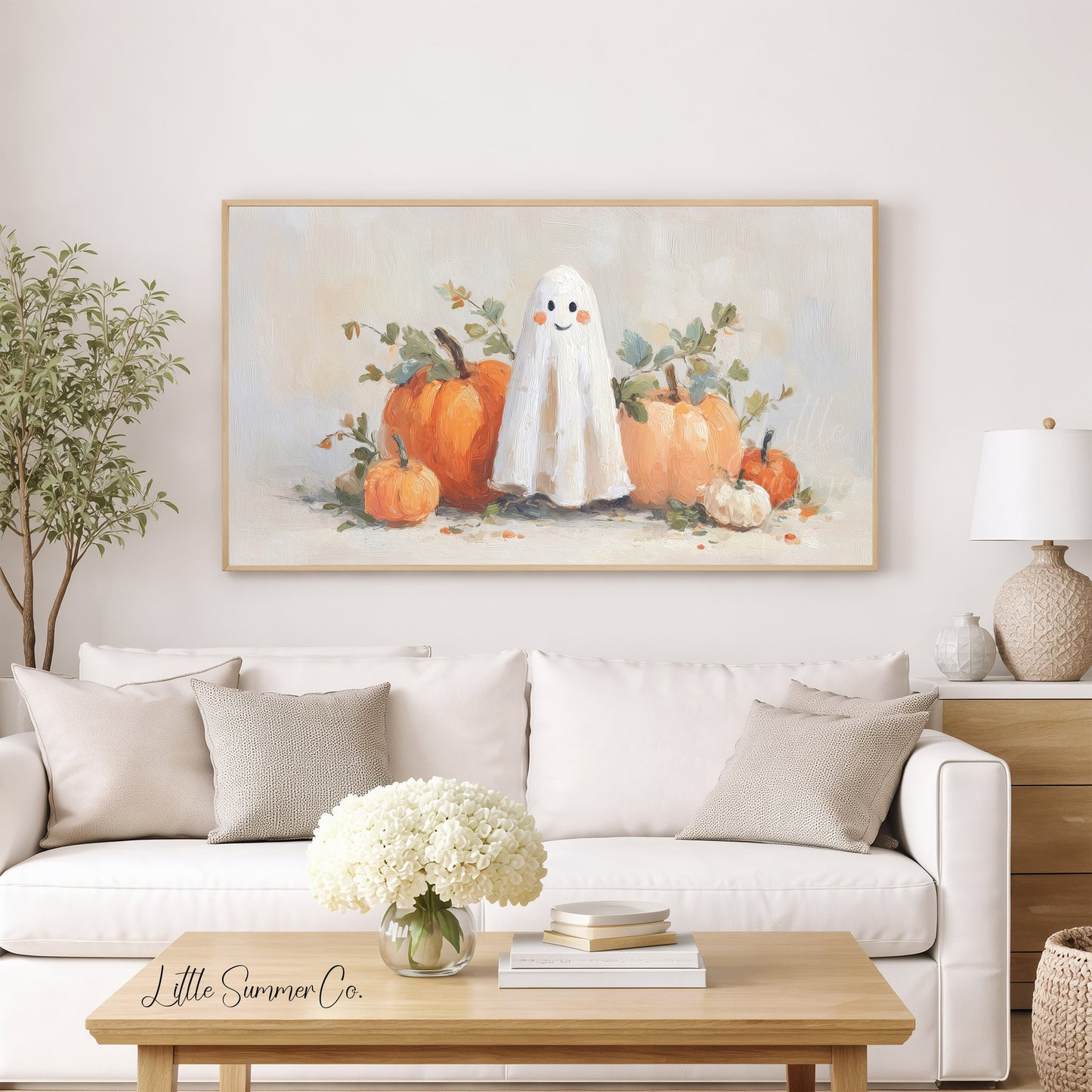 Ghost and Orange Pumpkins Frame TV Art displayed on a TV