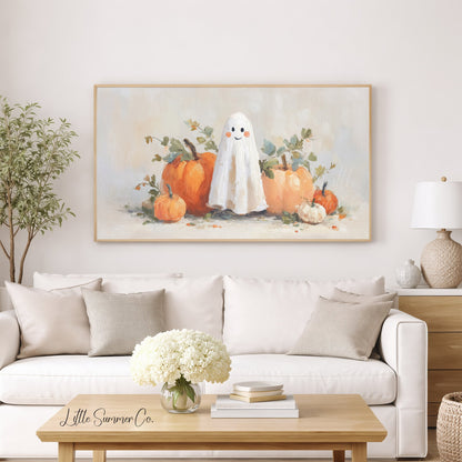 Ghost and Orange Pumpkins Frame TV Art displayed on a TV