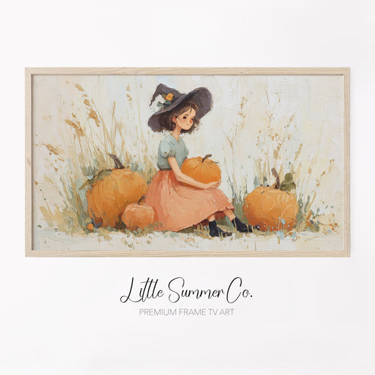 Pumpkin Witch Frame TV Art displayed on a TV