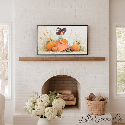 Pumpkin Witch Frame TV Art displayed on a TV