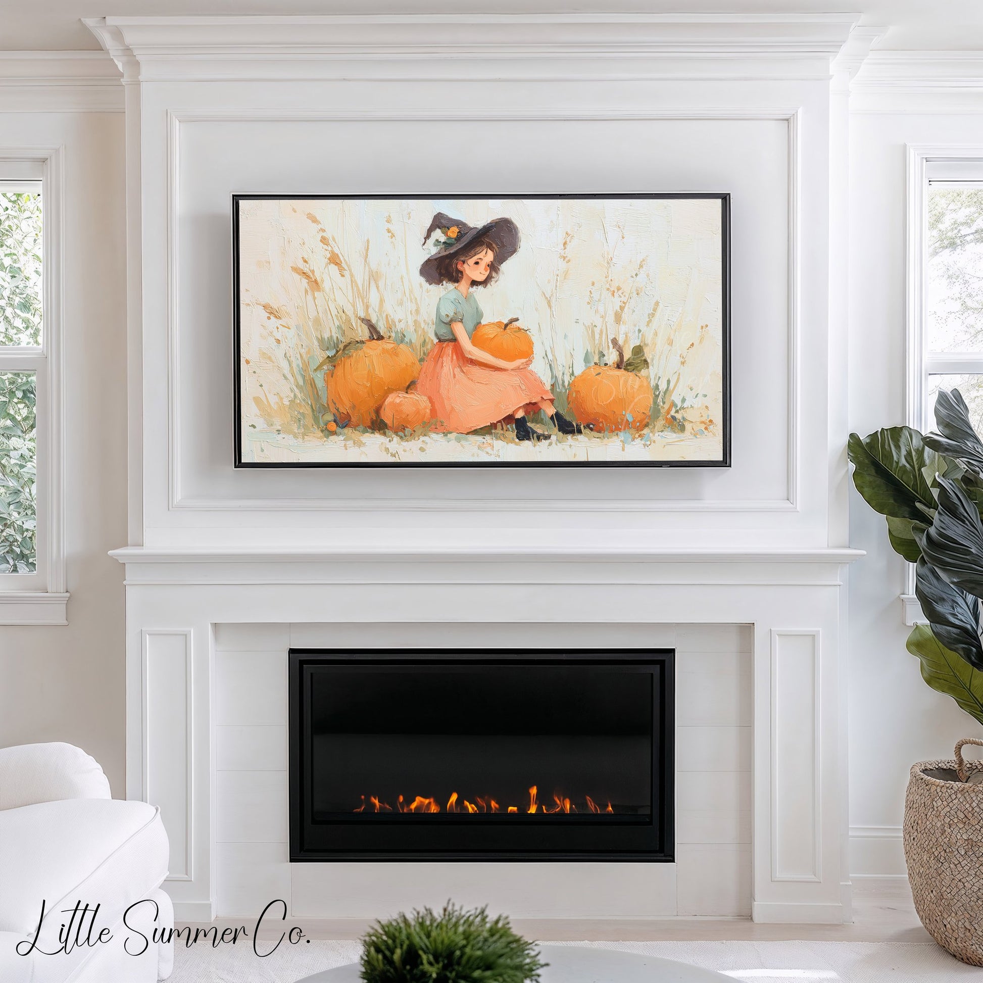 Pumpkin Witch Frame TV Art displayed on a TV