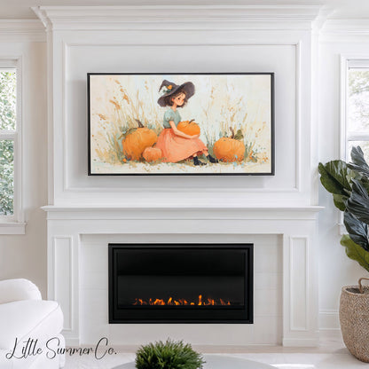 Pumpkin Witch Frame TV Art displayed on a TV
