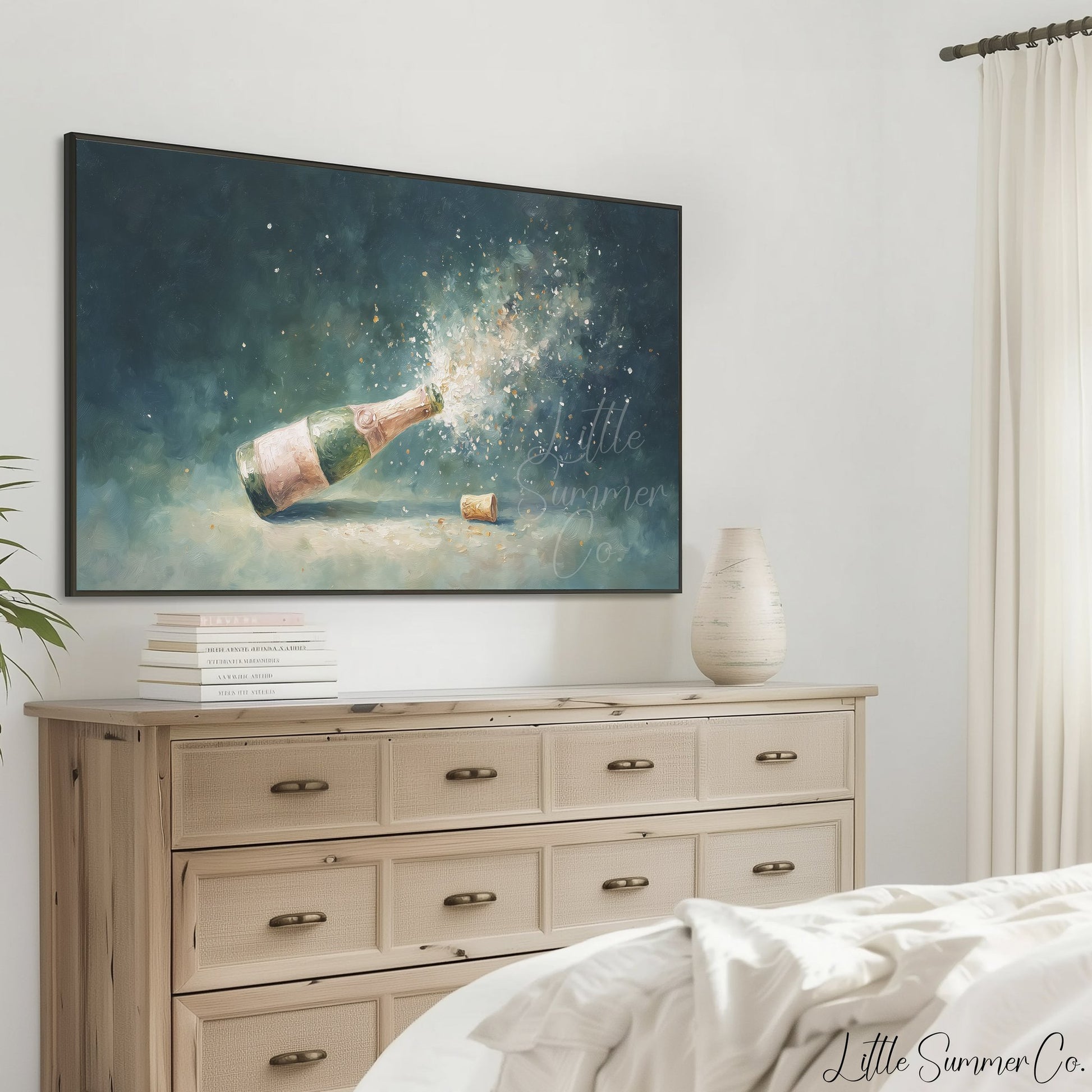 Champagne Pop Frame TV Art displayed on a TV