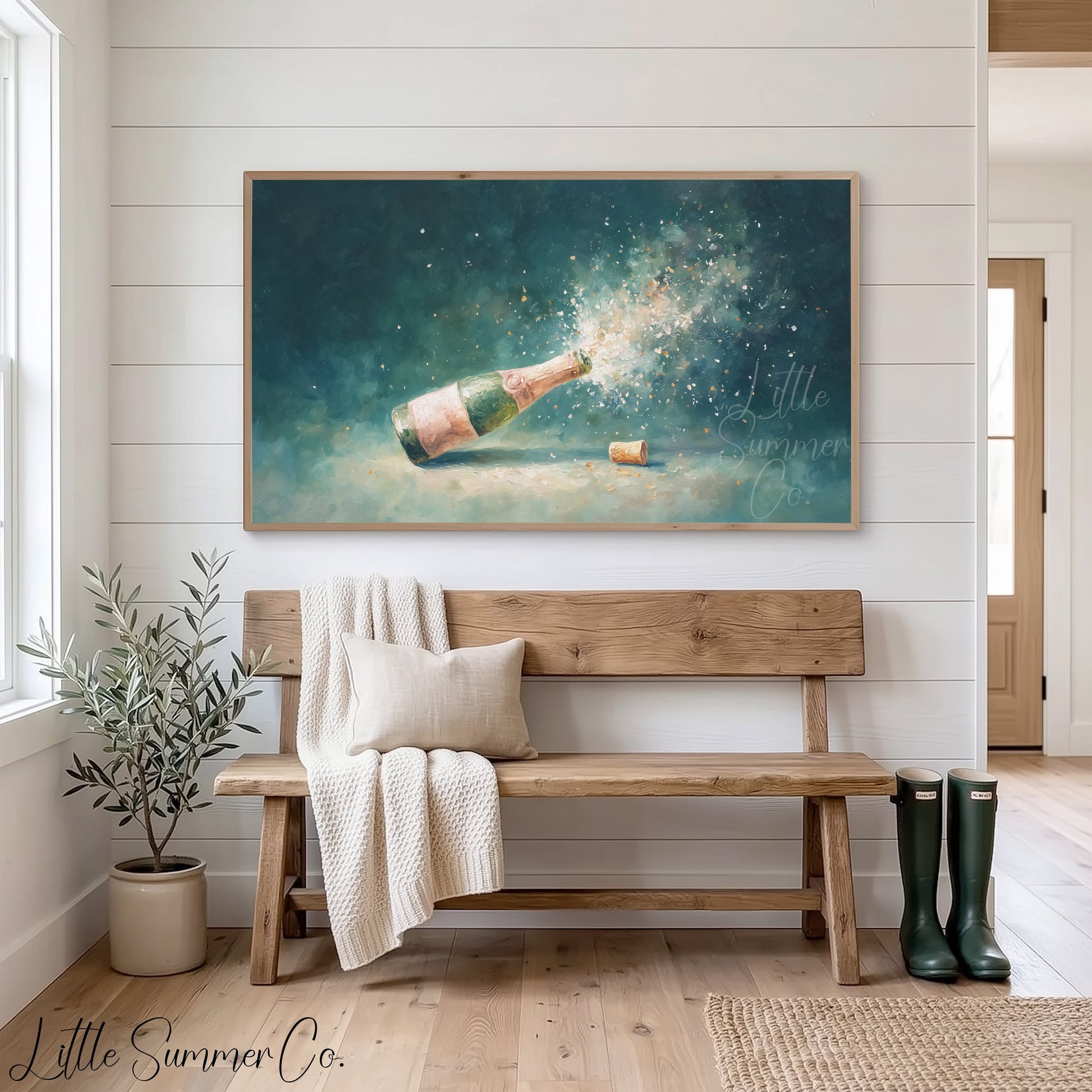 Champagne Pop Frame TV Art displayed on a TV