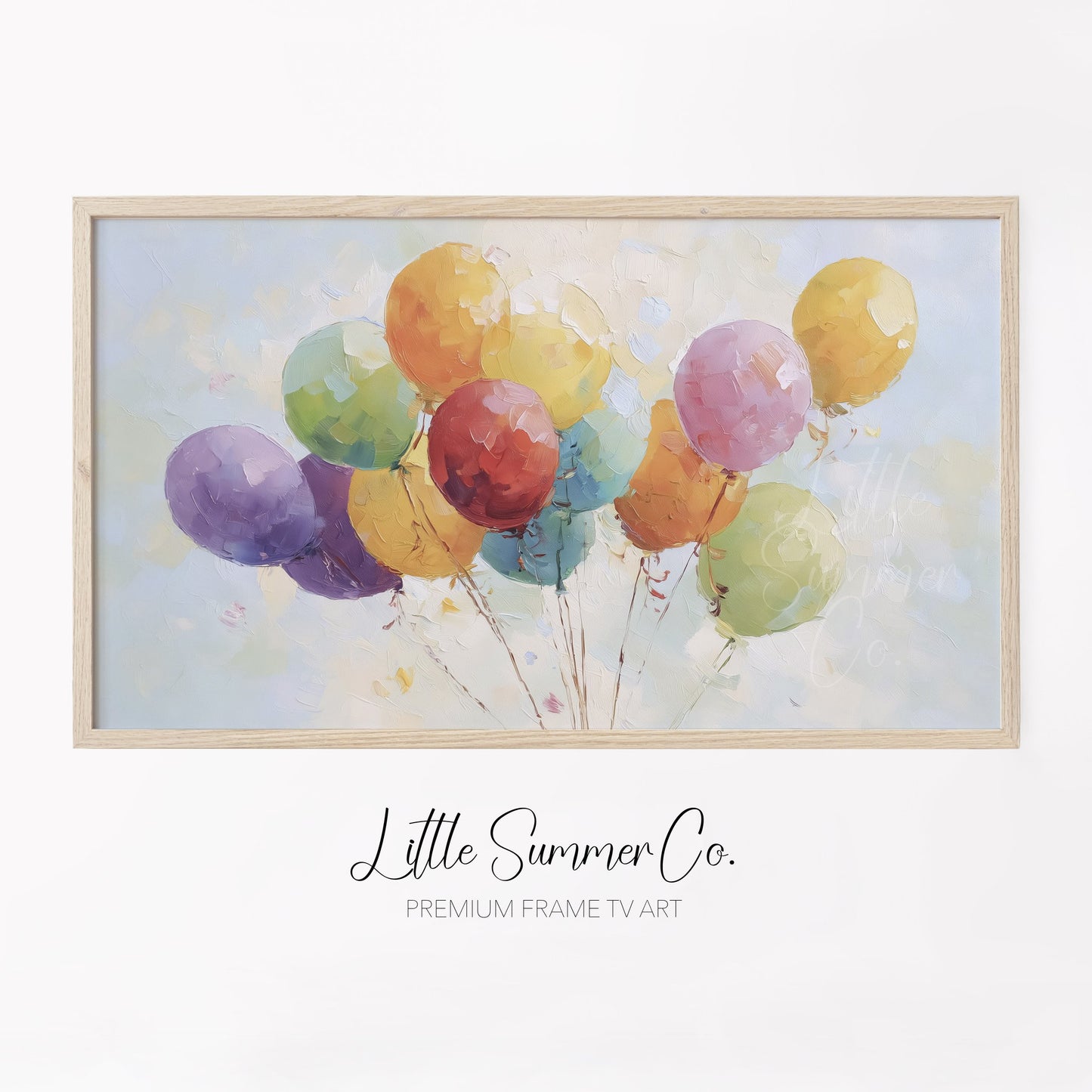 Rainbow Party Balloons Frame TV Art displayed on a TV