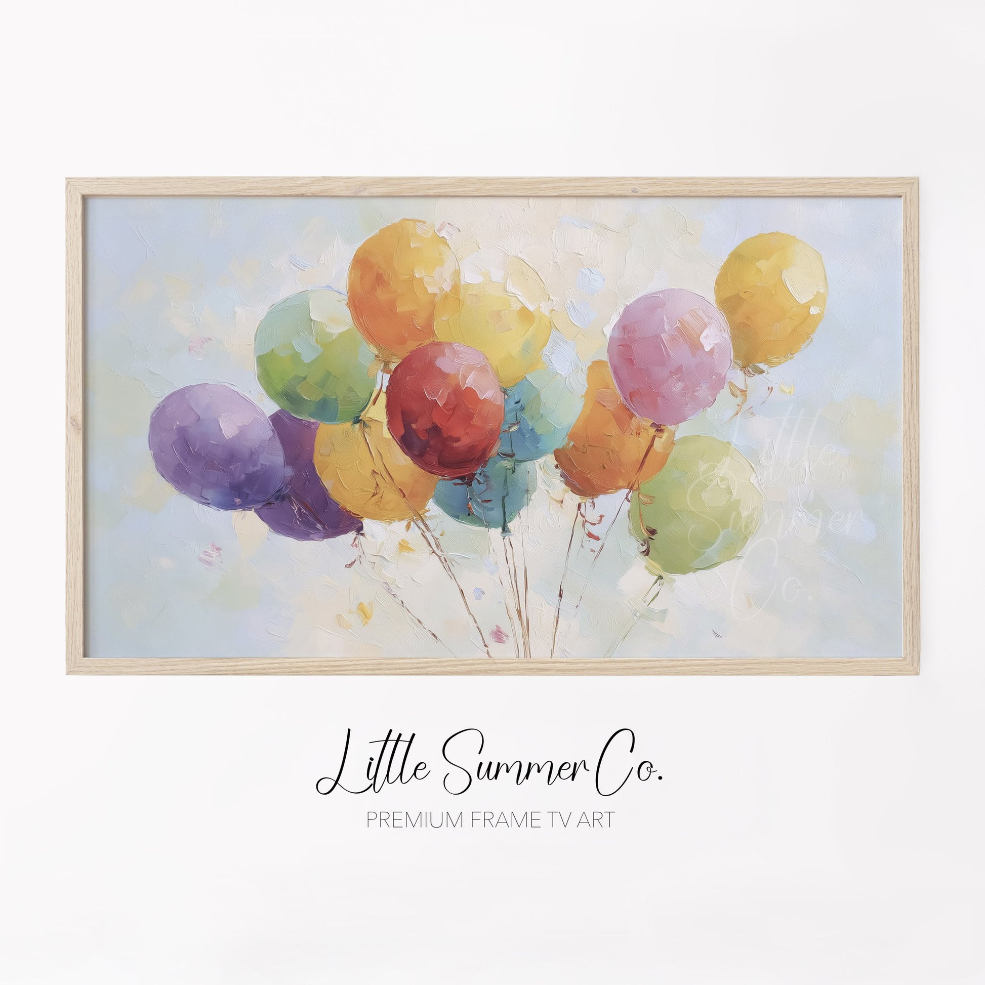 Rainbow Party Balloons Frame TV Art displayed on a TV