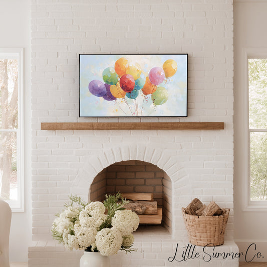 Rainbow Party Balloons Frame TV Art displayed on a TV