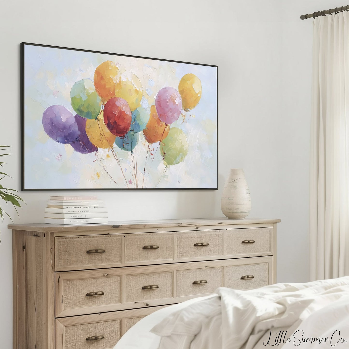 Rainbow Party Balloons Frame TV Art displayed on a TV
