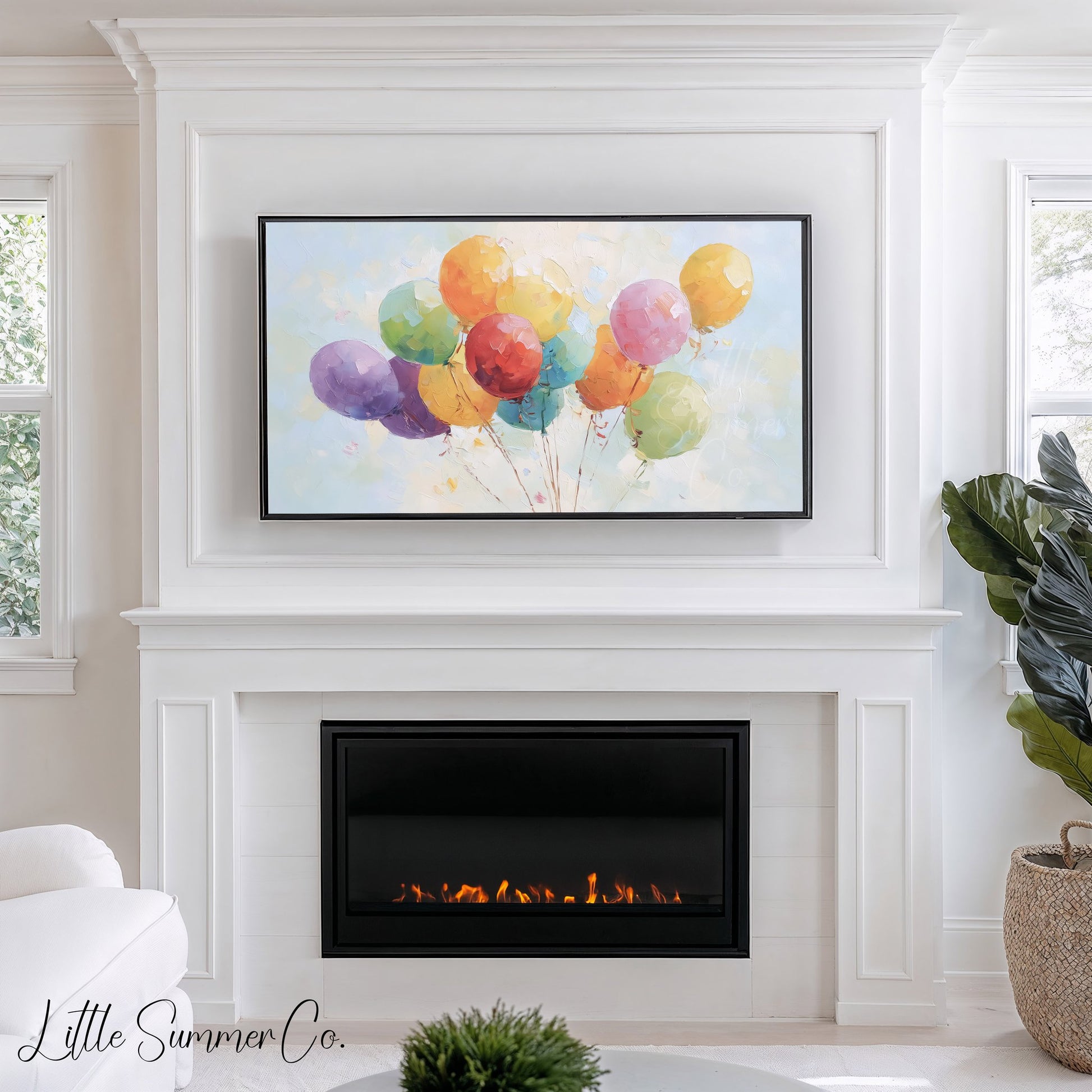 Rainbow Party Balloons Frame TV Art displayed on a TV
