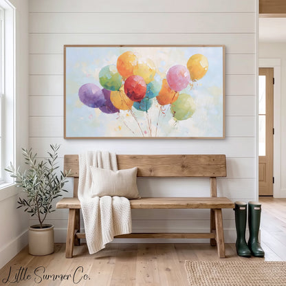 Rainbow Party Balloons Frame TV Art displayed on a TV