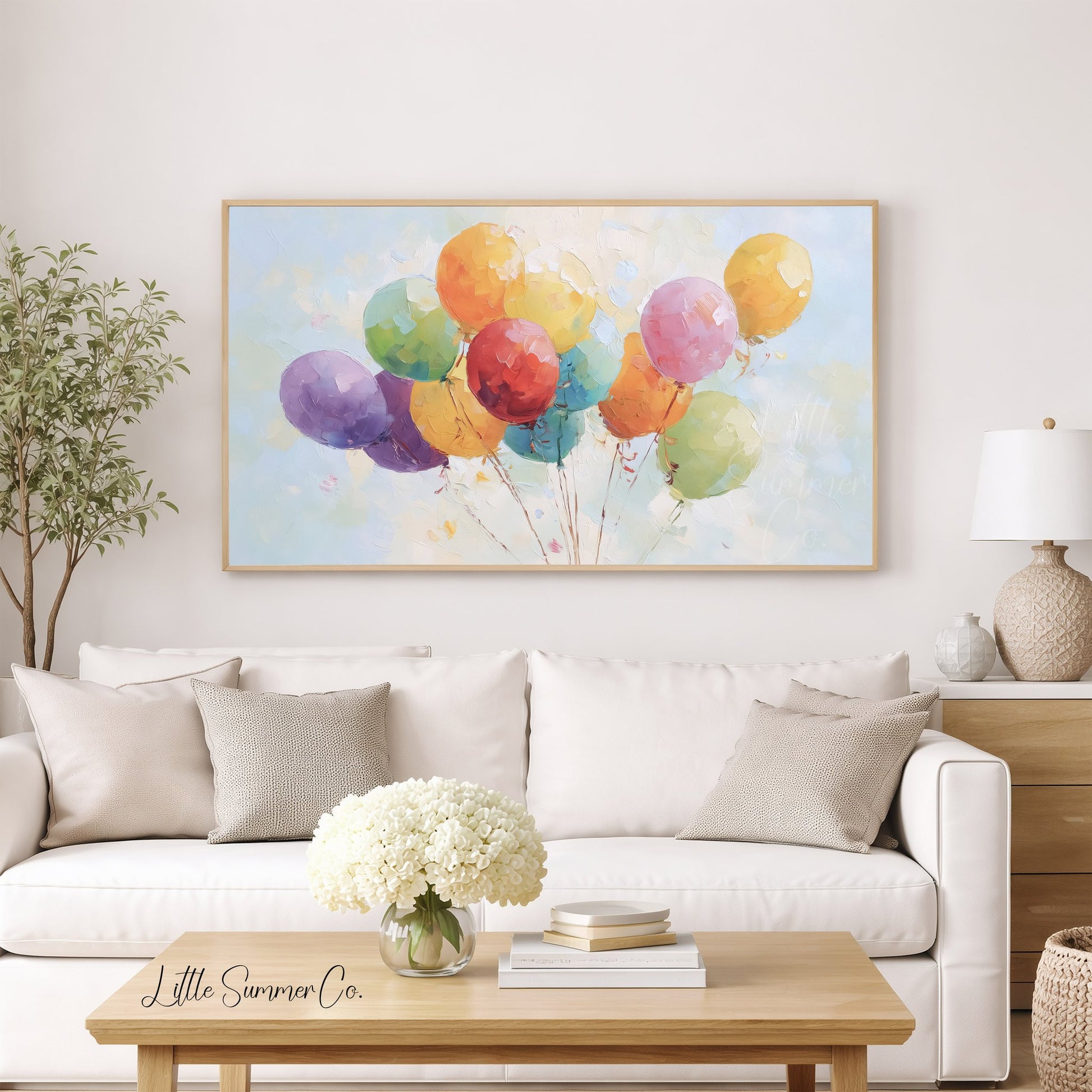 Rainbow Party Balloons Frame TV Art displayed on a TV
