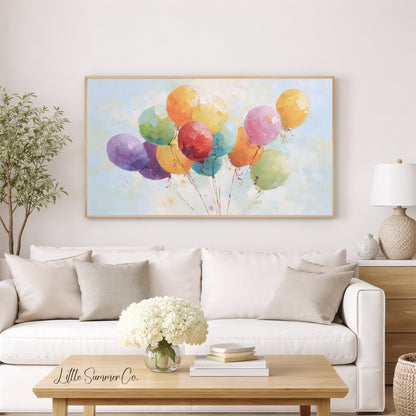 Rainbow Party Balloons Frame TV Art displayed on a TV
