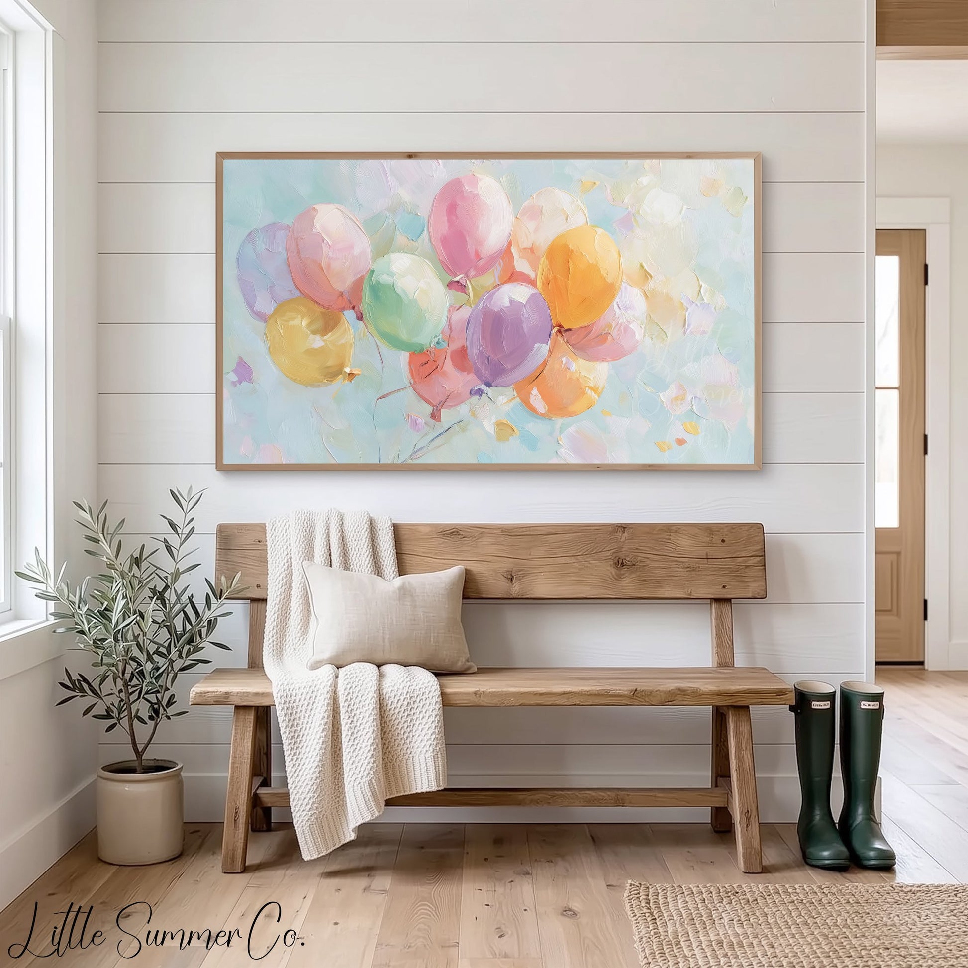 Pastel Balloons Frame TV Art displayed on a TV