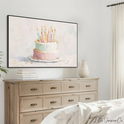 Two Tier Birthday Cake Frame TV Art displayed on a TV