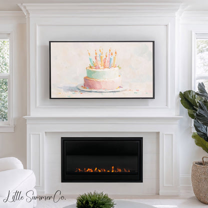 Two Tier Birthday Cake Frame TV Art displayed on a TV