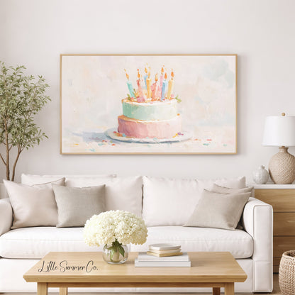 Two Tier Birthday Cake Frame TV Art displayed on a TV