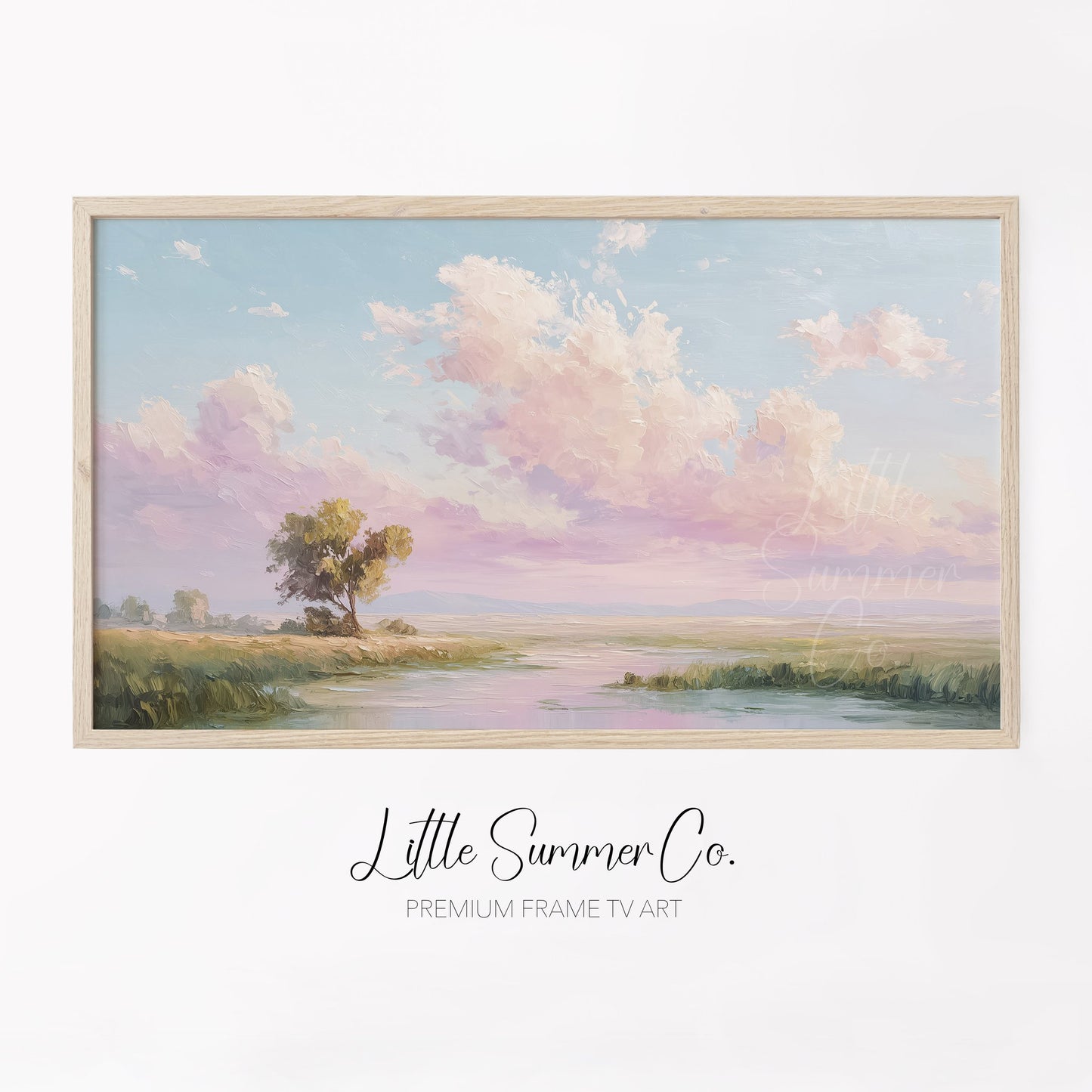 Meadow River Pastel Sky Frame TV Art displayed on a TV
