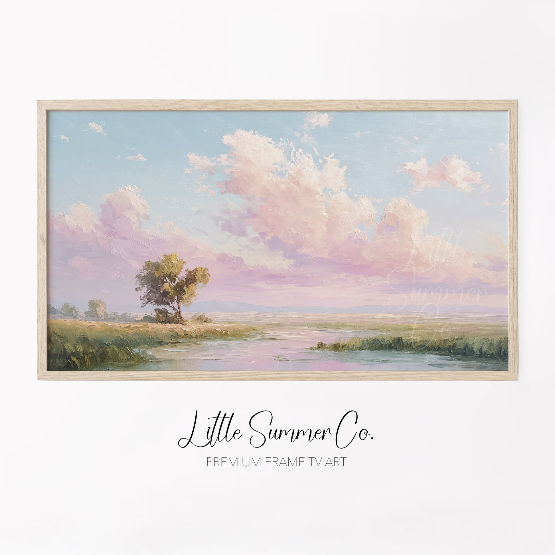 Meadow River Pastel Sky Frame TV Art displayed on a TV