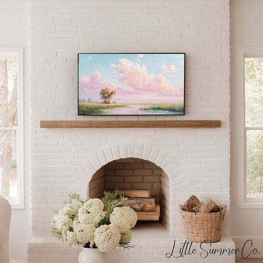 Meadow River Pastel Sky Frame TV Art displayed on a TV