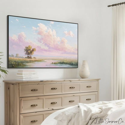 Meadow River Pastel Sky Frame TV Art displayed on a TV