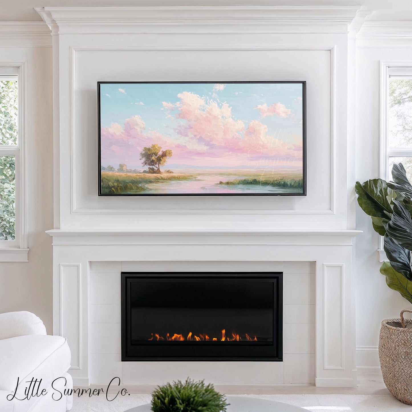 Meadow River Pastel Sky Frame TV Art displayed on a TV
