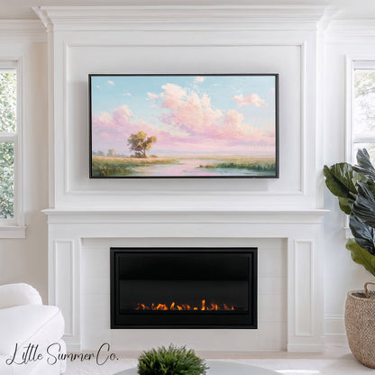 Meadow River Pastel Sky Frame TV Art displayed on a TV